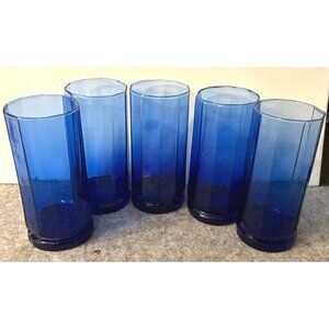Set of 5 Vintage Anchor Hocking Essex Cobalt Blue 10 Paneled Glasses  # 3340